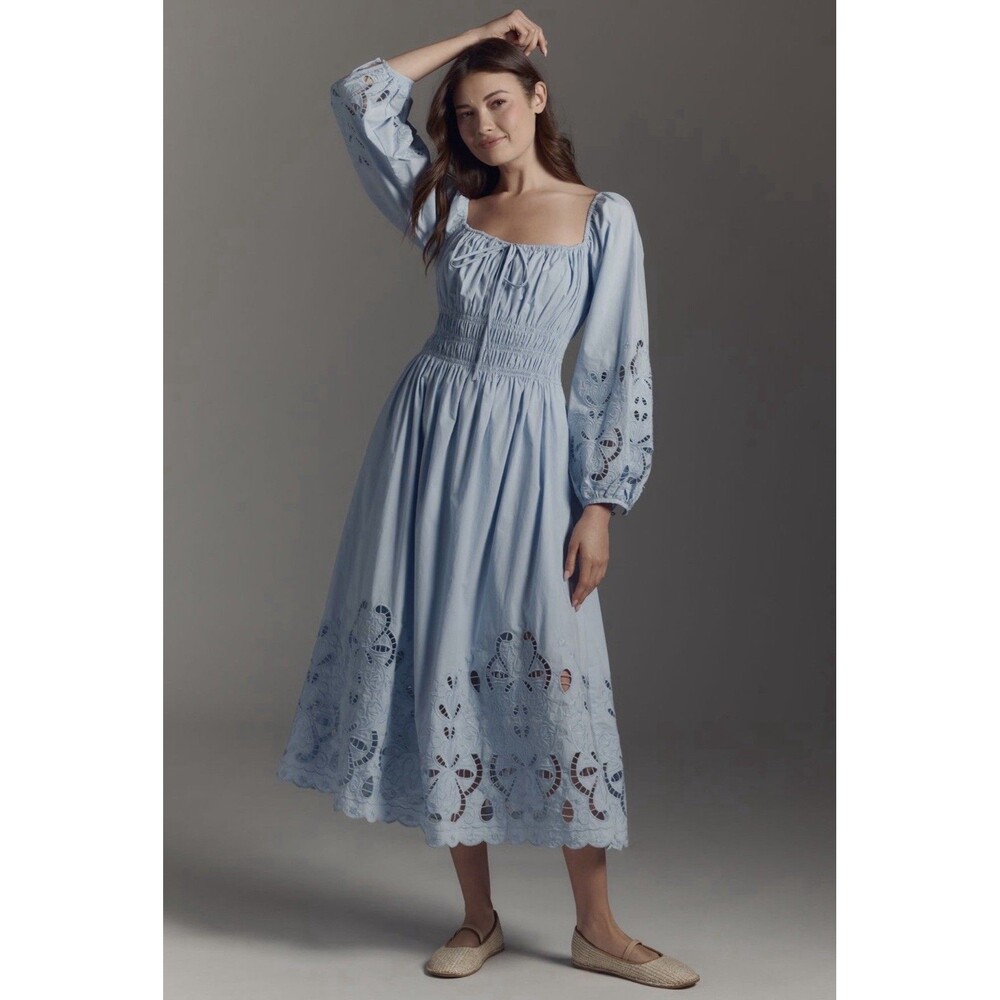 ASTR the Label Blue Smocked Square Neck Puff Long Sleeve Midi Dress Sz XS